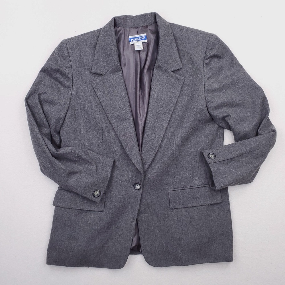 Vintage Pendleton Jacket Womens 10 Gray Wool Blazer 1 Button Padded Shoulder